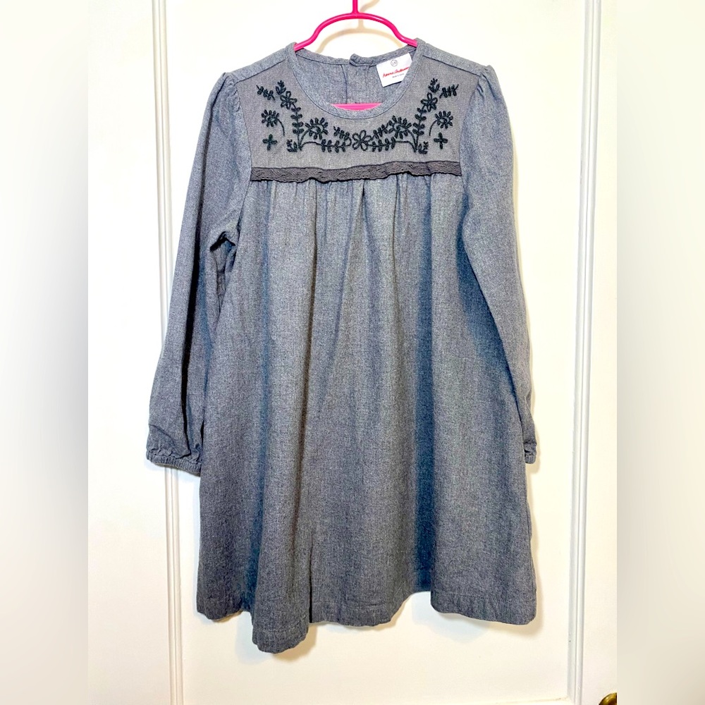 Hanna Andersson Girls Peasant Dress - Floral Embroidery Gray Long Sleeve